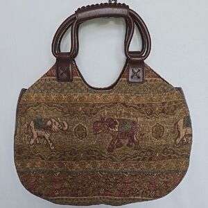 Vintage Bag Tapestry and Leather Marlo Handbag with Elephant Design